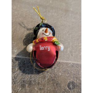 Red bell snowman Terry mistletoe ornament Xmas decor
